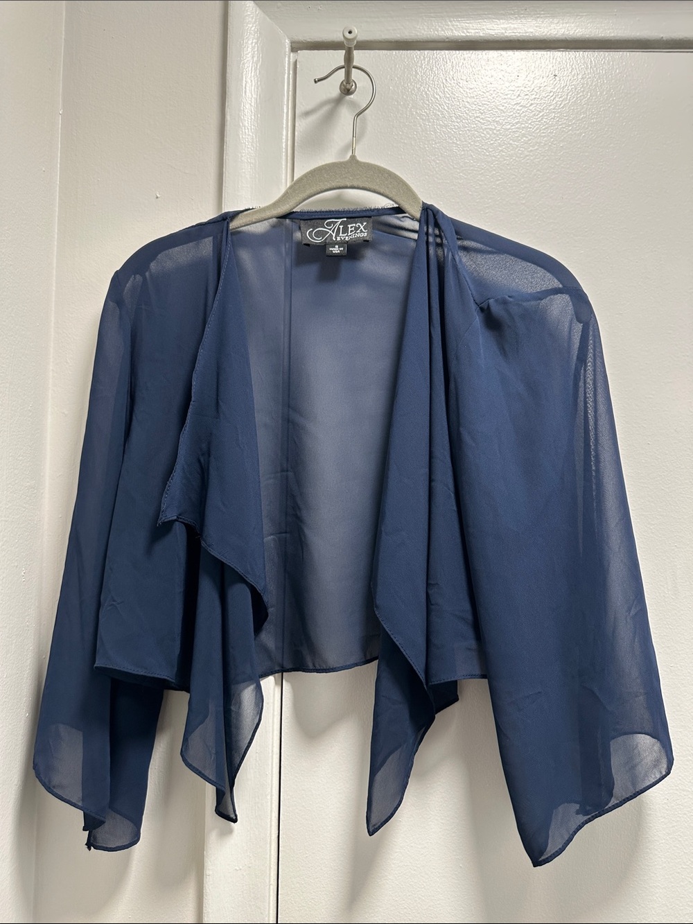 Alex Evenings Size Small Chiffon Cascade Cover-Up Shawl with Sleeves Navy Blue